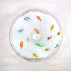 Vintage Lavorazione Murano Millefiori White Glass CenterPiece Bowl Italy 7.5"
